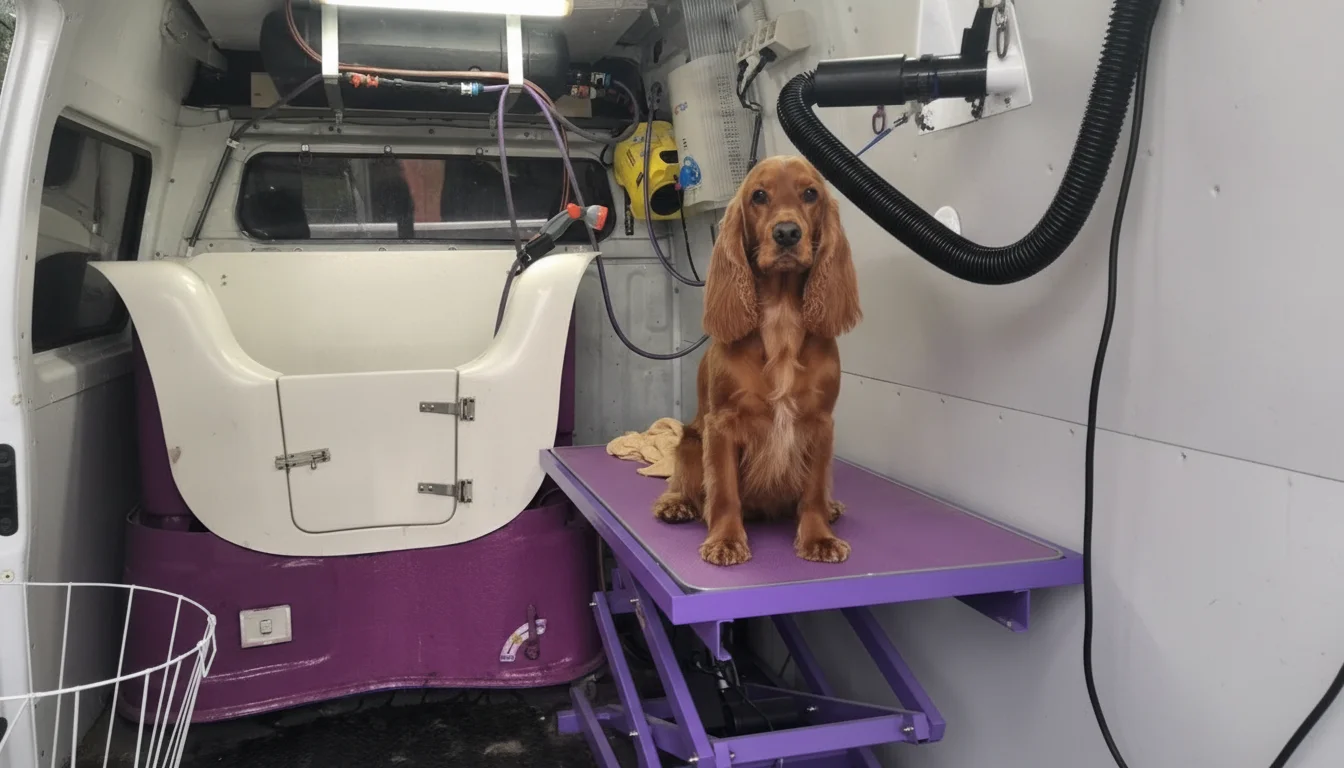 Hero: red cocker spaniel on the purple grooming table inside the mobile van